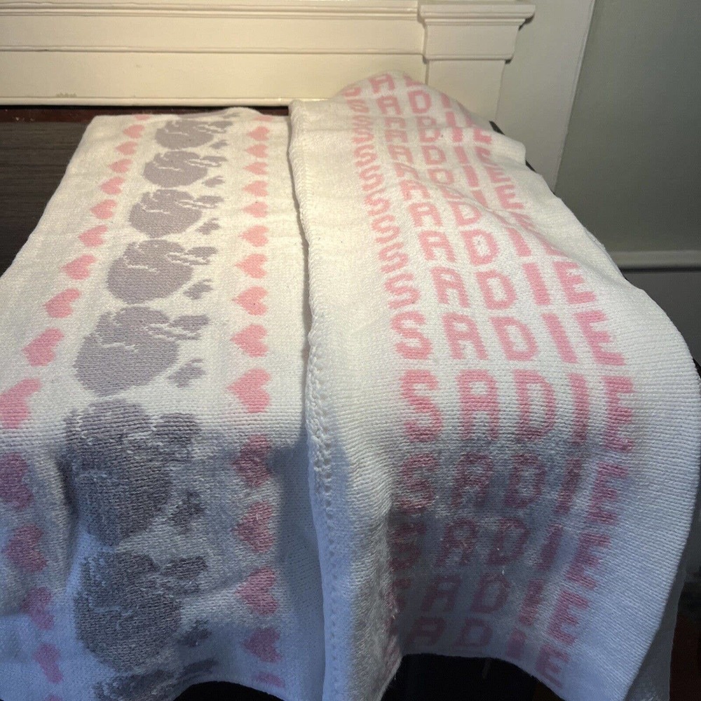 Custom SADIE name White PINK Bunny TRIM KNIT BABY BLANKET 30”x40” Nifty Knits